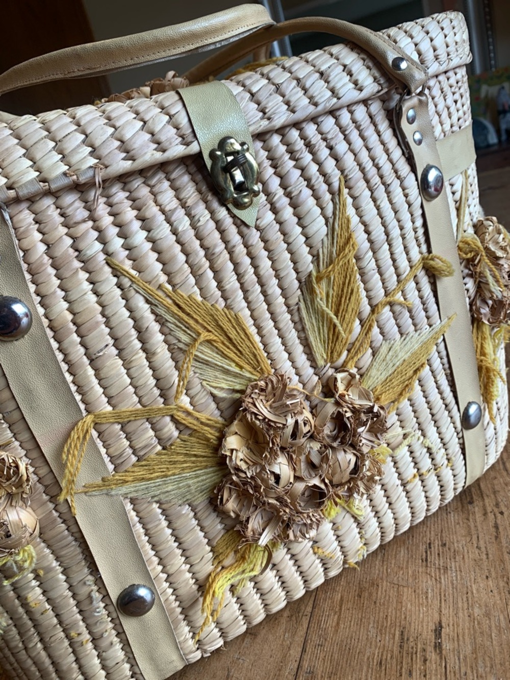 Vintage Woven Straw Tote with Yellow Floral Embroidery - Picture 9 of 16